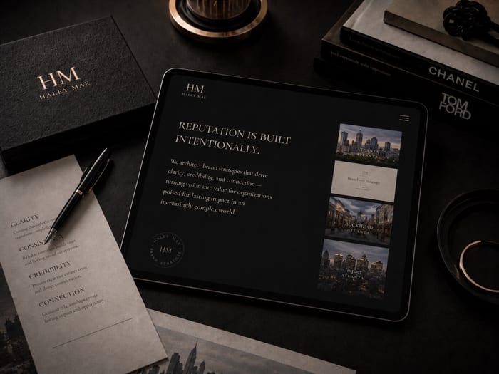 Brand strategy workspace with laptop and creative direction materials