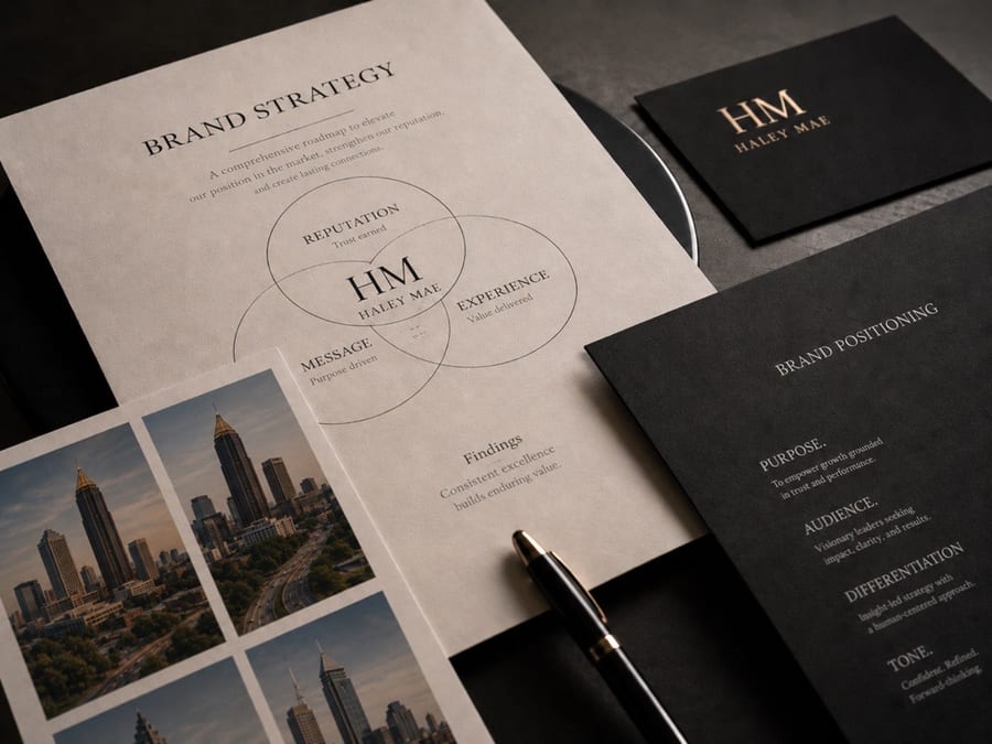Executive conference table prepared for a brand strategy review
